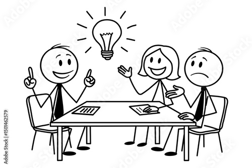 Stick figure team brainstorming in business meeting. Vector cartoon illustration of teamwork, collaboration and creativity.