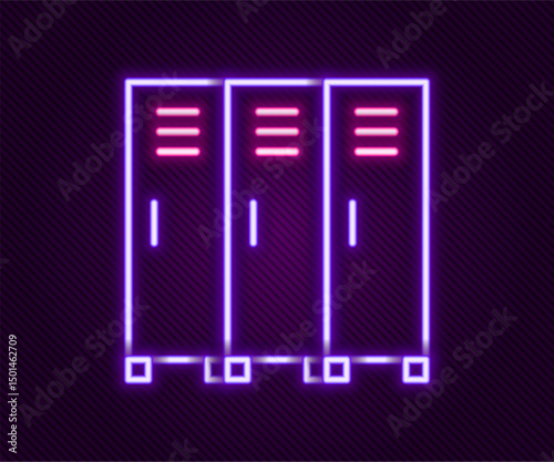 Glowing neon line Locker or changing room for hockey, football, basketball team or workers icon isolated on black background. Colorful outline concept. Vector