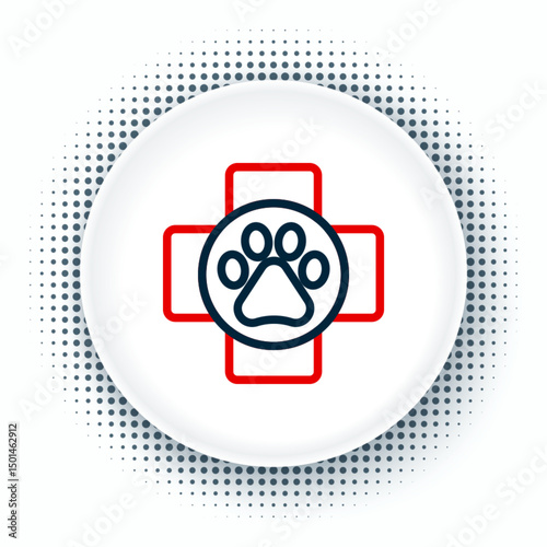 Line Veterinary clinic symbol icon isolated on white background. Cross hospital sign. A stylized paw print dog or cat. Pet First Aid sign. Colorful outline concept. Vector
