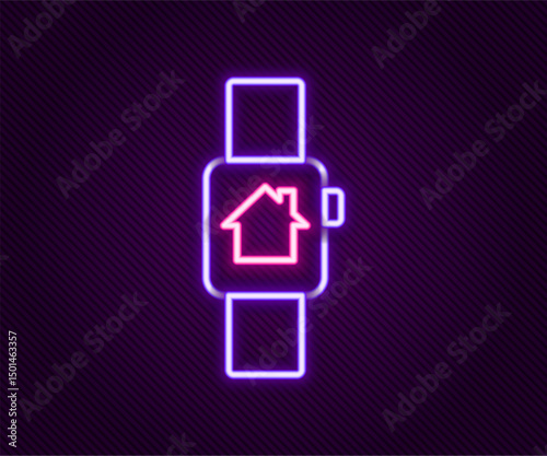 Glowing neon line Smart home with smart watch icon isolated on black background. Remote control. Colorful outline concept. Vector