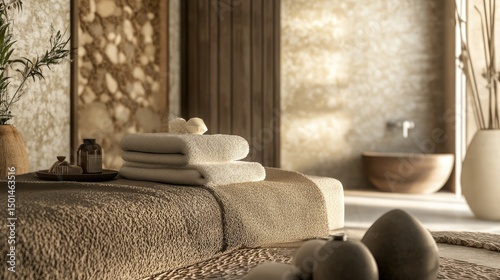 Close-up of elegant spa room interior, earthy palette, organic textures, tranquil ambiance