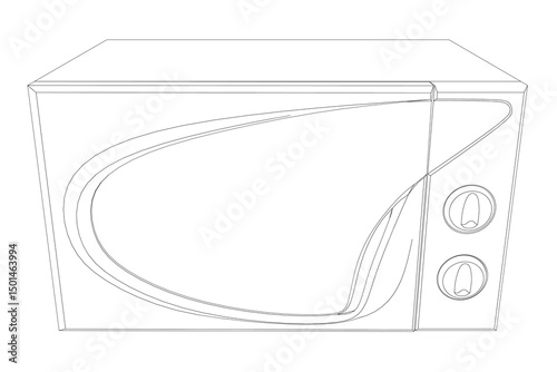 A microwave oven with a curved handle and two buttons. The microwave is white and black
