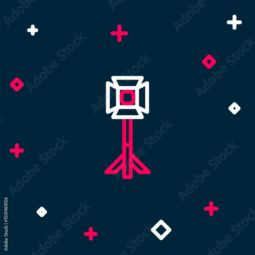 Line Studio light bulb in softbox icon isolated on blue background. Shadow reflection design. Colorful outline concept. Vector