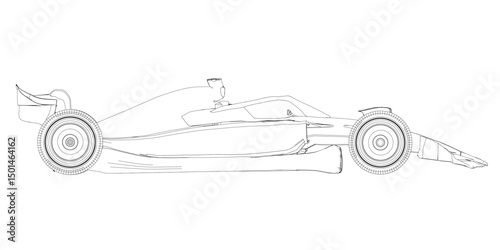 A car is drawn in black and white. The car is a race car and is shown in a very stylized way. Side view