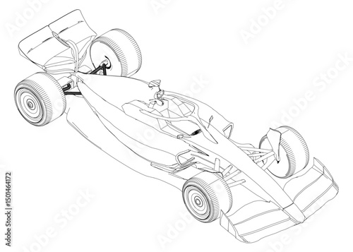 A drawing of a race car with a black and white color scheme. The car is shown in a very detailed manner, with the wheels and tires clearly visible. Concept of speed and excitement. Isometric view