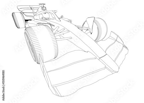 A drawing of a race car with a tire on the front. The drawing is in black and white
