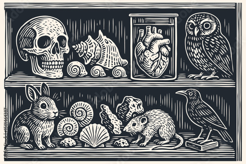 A mystical shelf display featuring occult and natural objects in linocut style. Skull, anatomical heart, owl, shells, crystals, and rabbits arranged on wooden shelves. Black and white 