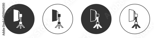 Black Studio light bulb in softbox icon isolated on white background. Shadow reflection design. Circle button. Vector