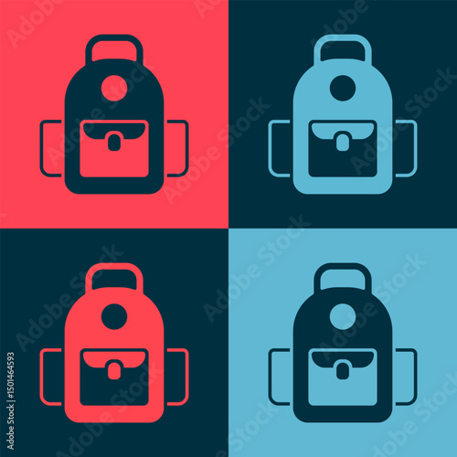 Pop art School backpack icon isolated on color background. Vector