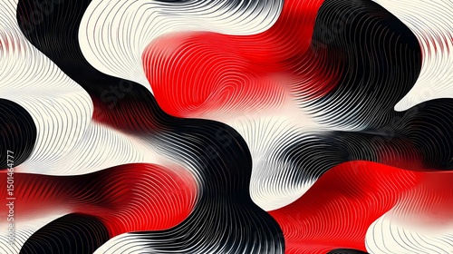 Abstract pattern with curved black and white shapes on red, perfect for digital artwork, posters, and textile designs.