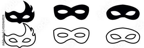 Mask superhero or carnival bandit burglar vector icon set. Black masquerade costume eye mask silhouette hidden villain scammer face. Simple design theater artist masque shape vector illustration.
