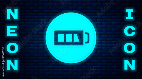 Glowing neon Battery charge level indicator icon isolated on brick wall background. Vector