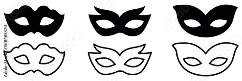 Mask superhero or carnival bandit burglar vector icon set. Black masquerade costume eye mask silhouette hidden villain scammer face. Simple design theater artist masque shape vector illustration.