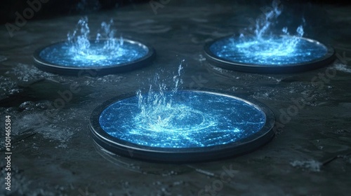 Abstract futuristic water features with glowing blue energy