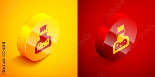 Isometric Bottle with potion icon isolated on orange and red background. Flask with magic potion. Happy Halloween party. Circle button. Vector