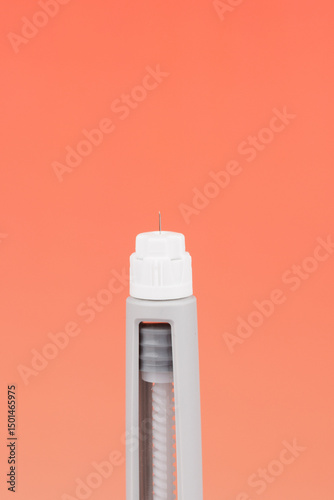 Semaglutide injection pen on red gradient background, horizontal composition for medical and pharmaceutical themes