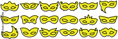 Mask superhero or carnival bandit burglar vector icon set. Black masquerade costume eye mask silhouette of a hidden villain's face. Simple design theater artist masque shape clip art illustration.