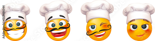 Emoji chef set on grey transparent background. Emoticon with chef hat. Cute emoticon.
