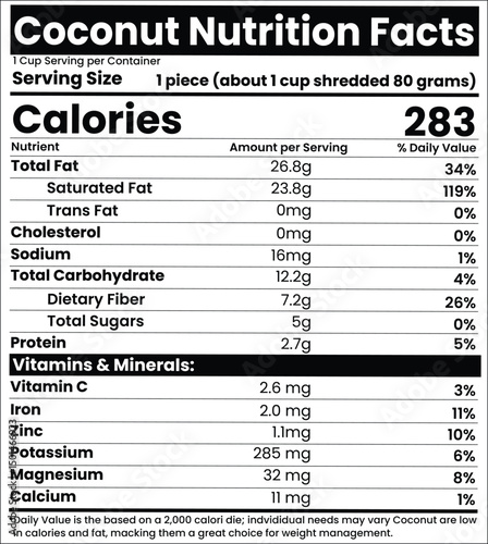 Coconut Nutrition Facts for label design and packaging design