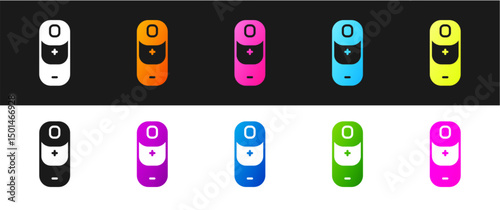 Set Battery charge level indicator icon isolated on black and white background. Vector
