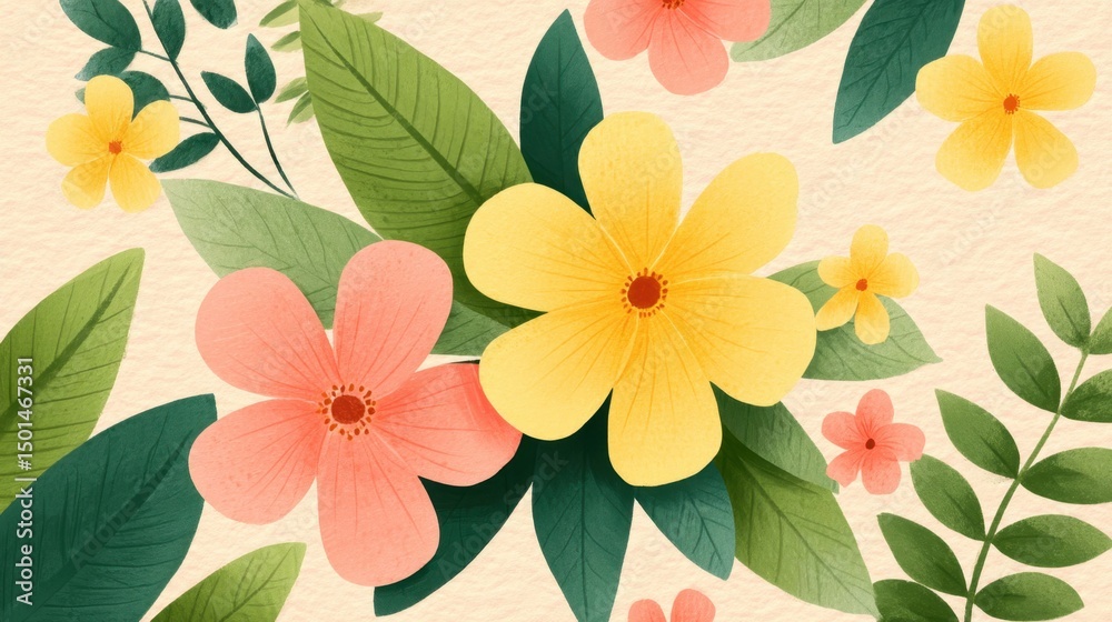 Fototapeta premium Vibrant Floral Pattern with Yellow and Pink Flowers on Leafy Background