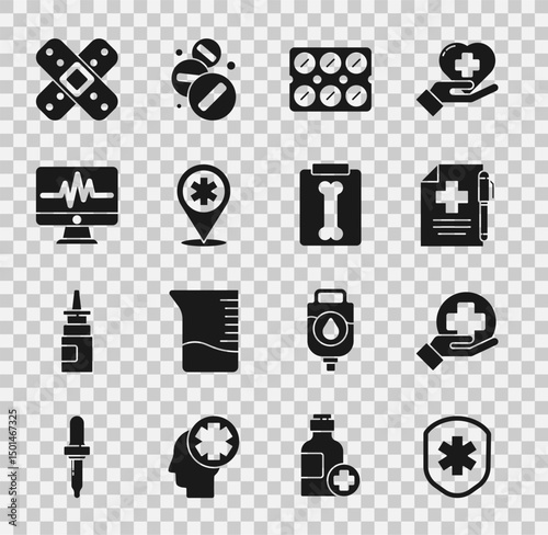 Set Medical shield with cross, Cross hospital medical, prescription and pen, Pills in blister pack, Map pointer, Monitor cardiogram, Crossed bandage plaster and X-ray shots icon. Vector