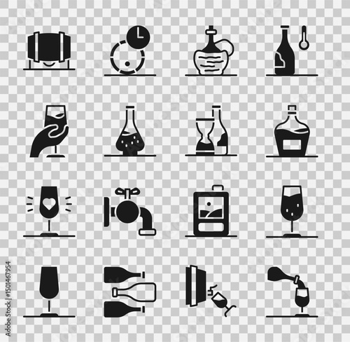 Set Wine tasting, degustation, glass, Old bottle of wine, italian fiasco, Decanter for, Wooden barrel and Bottle icon. Vector