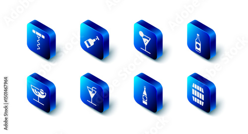 Set Opened bottle of wine, Martini glass, Beer, Wooden barrel, Cocktail, and Wine corkscrew icon. Vector