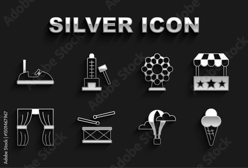 Set Drum with drum sticks, Ticket box office, Ice cream in waffle cone, Hot air balloon, Circus curtain raises, Ferris wheel, Bumper car and Striker attraction hammer icon. Vector
