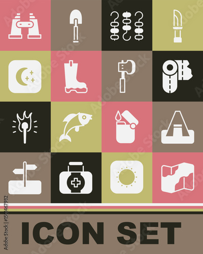 Set Camping and hiking on map, Tourist tent, Paper towel roll, Grilled shish kebab skewer, Waterproof rubber boot, Moon stars, Binoculars and Wooden axe icon. Vector