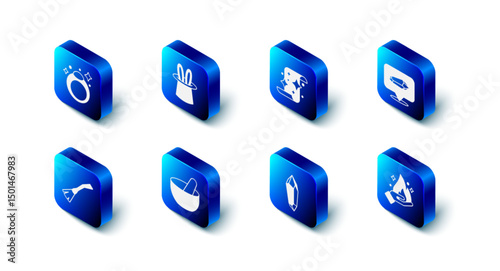 Set Magician hat and rabbit ears, scroll, stone, Hand holding fire, Witch cauldron, Witches broom and ring icon. Vector