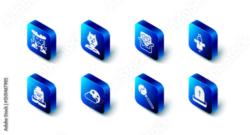 Set Krampus, heck, Chocolate bar, Scarecrow, Tombstone with RIP written, Lollipop, Moon and stars, and Witch icon. Vector