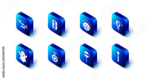 Set Hotdog sandwich, Clown head, air balloon, Magic wand, Lollipop, Unicycle or one wheel bicycle, Ghost and Seesaw icon. Vector