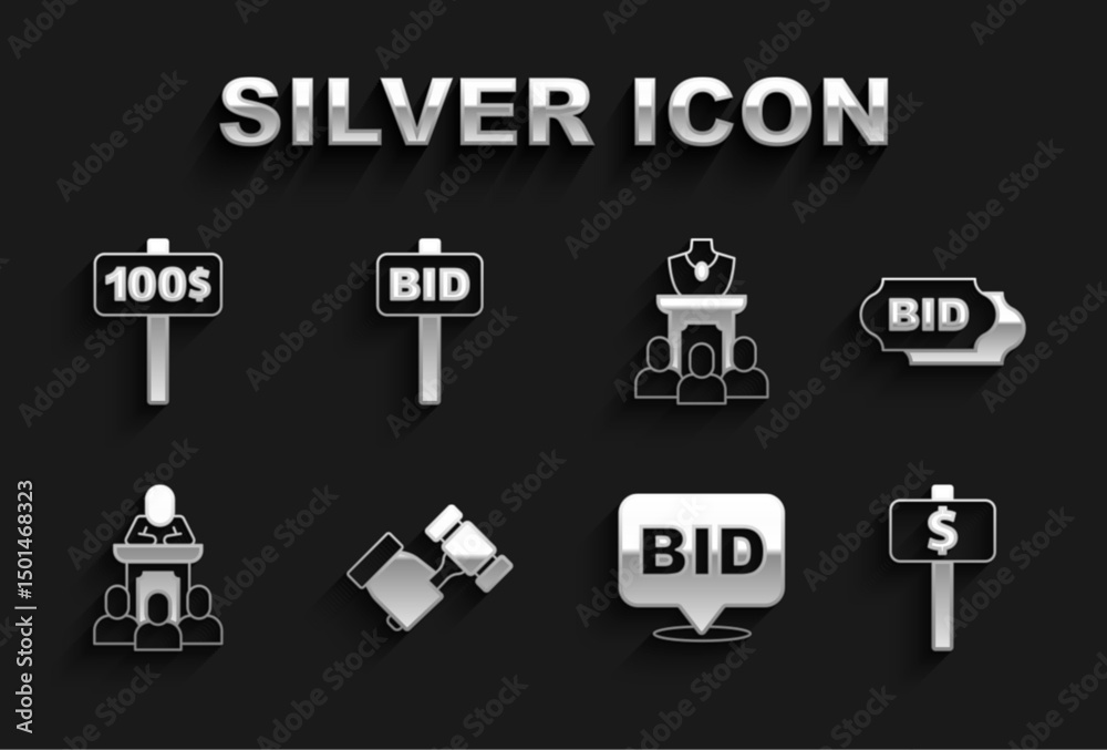 Set Auction hammer, Bid, Hand holding auction paddle, auctioneer sells, jewelry sale, and icon. Vector Set Auction hammer, Bid, Hand holding auction paddle, auctioneer sells, jewelry sale, and icon. Vector