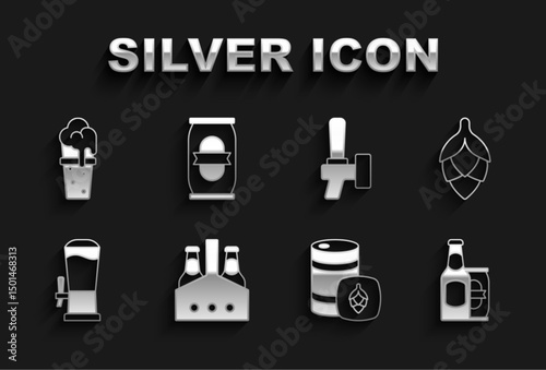 Set Pack of beer bottles, Hop, Beer and can, Metal keg, tap, Glass and icon. Vector