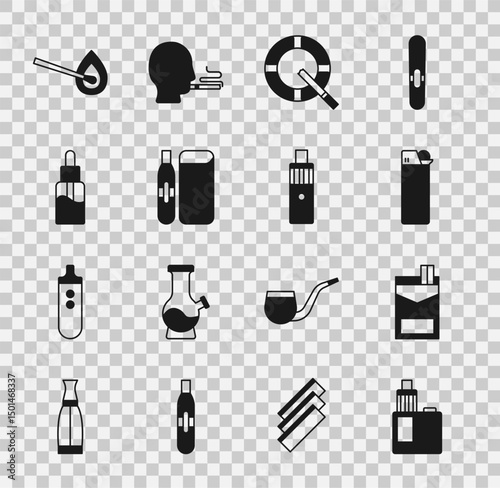 Set Vape mod device, Cigarettes pack box, Lighter, Ashtray with cigarette, Electronic, liquid bottle, Burning match fire and icon. Vector