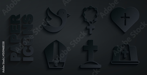 Set Grave with cross, Christian in heart, Pope hat, Rosary beads religion and Dove icon. Vector