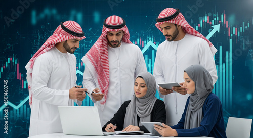 Business Professionals in Traditional Attire Engaging in a Collaborative Strategy Meeting with Data Analytics in the Background