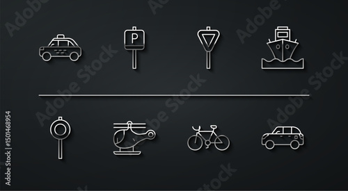 Set line Taxi car, Road traffic signpost, Cargo ship, Bicycle, Helicopter, Parking, Hatchback and icon. Vector