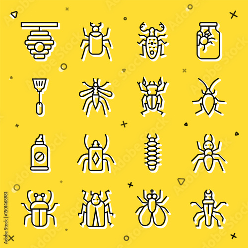 Set line Termite, Ant, Cockroach, Beetle deer, Mosquito, Fly swatter, Hive for bees and icon. Vector
