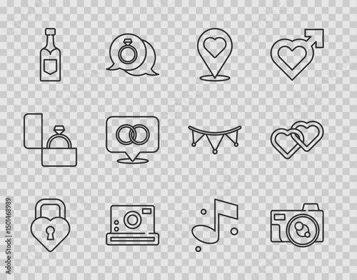 Set line Castle in the shape of heart, Photo camera, Location with, Champagne bottle, Wedding rings, Music note and Two Linked Hearts icon. Vector