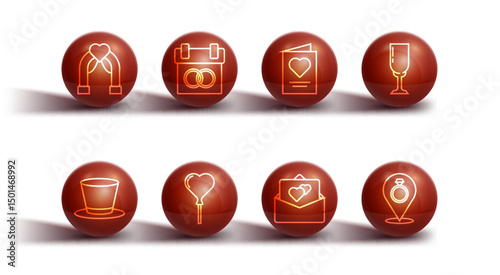 Set line Wedding arch, Cylinder hat, Glass of champagne, Greeting card, Balloons form heart, Calendar, rings and icon. Vector