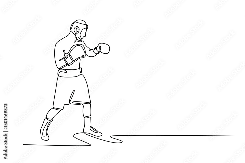 Single one line drawing side view professional boxer with bare torso wearing boxing gloves, ready to fight. Boxing champion train at gym. Modern continuous line draw design graphic vector illustration Single one line drawing side view professional boxer with bare torso wearing boxing gloves, ready to fight. Boxing champion train at gym. Modern continuous line draw design graphic vector illustration