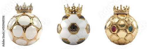 Gold soccer balls with royal crowns design on transparent background