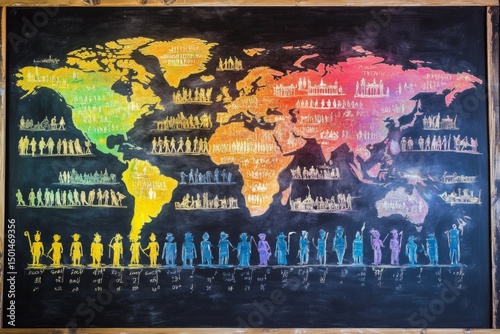 A vibrant chalkboard displays a detailed timeline of notable historical events with color-coded segments representing different regions photo
