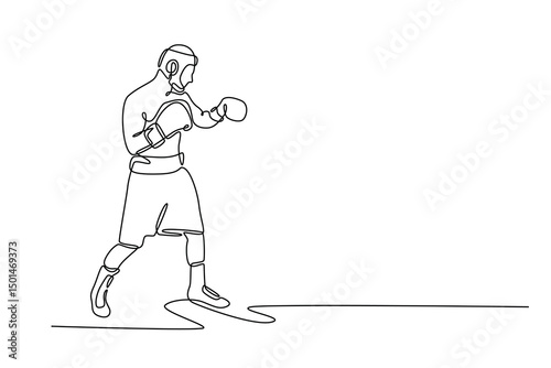 Single one line drawing side view professional boxer with bare torso wearing boxing gloves, ready to fight. Boxing champion train at gym. Modern continuous line draw design graphic vector illustration