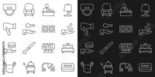 Set line Hotel key card, Bedroom, Paying tips, reception desk, door lock, Hair dryer, Bellboy hat and Electrical outlet icon. Vector