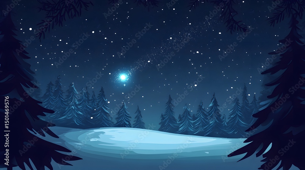 Naklejka premium Night sky with a radiant north star above snowy trees