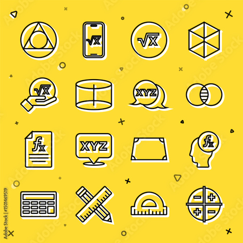 Set line XYZ Coordinate system, Function mathematical symbol, Mathematics sets A and B, Square root of x glyph, Geometric figure Cylinder, Triangle and icon. Vector