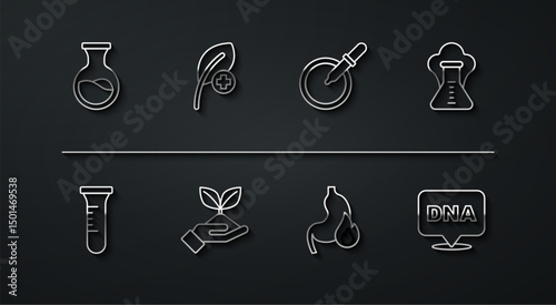 Set line Test tube and flask, Chemical explosion, Stomach heartburn, Plant in hand, Leaf or leaves, DNA symbol and Petri dish with pipette icon. Vector